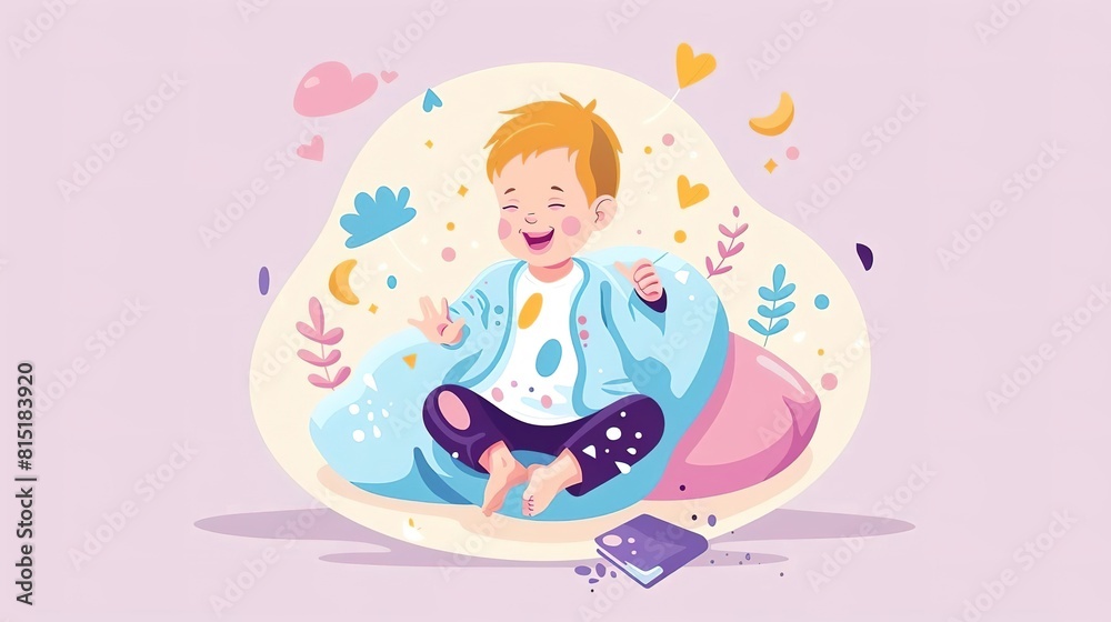 A child sits on a beanbag chair, surrounded by colorful pillows and stars A child sits on a beanbag chair, surrounded by colorful pillows and stars