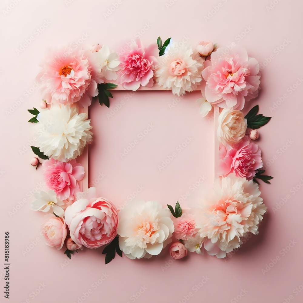 Frame made of beautiful peony flowers on pink background. Flat lay, copy space, summer flowers Frame made of beautiful peony flowers on pink background. Flat lay, copy space, summer flowers