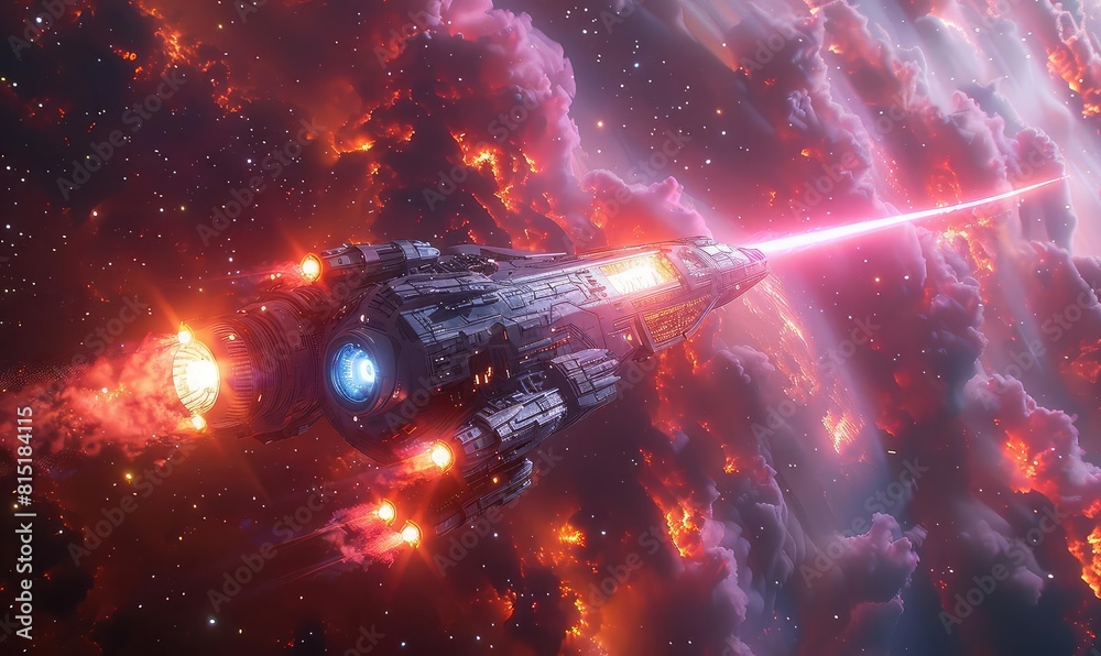 Fototapeta premium Scifi scene with a spaceship emitting bright beams, neon colors, deep space background