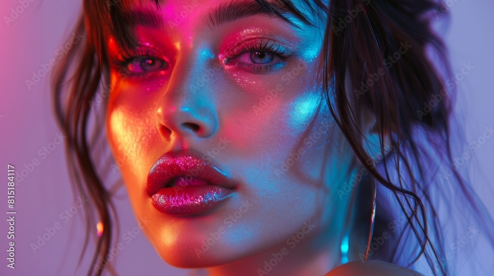 Fototapeta premium Closeup of a brunette model with intense makeup under neon lights, showcasing modern beauty