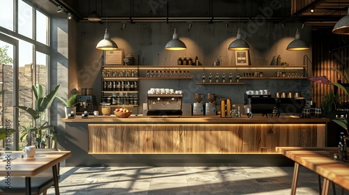 Wooden and gray coffee shop interior background,