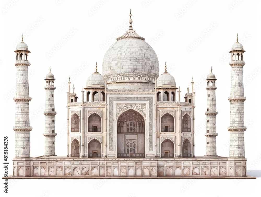 Taj Mahal A detailed replica of the Taj Mahal, side view to display its symmetrical beauty and marble detailing, isolated on white background.