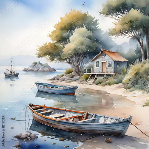 Watercolor illustration  romantic beautiful seaside landscape with boats during sunset  background for smartphone  giclee  illustration for print and interior decoration 