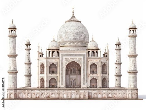 Taj Mahal A detailed replica of the Taj Mahal, side view to display its symmetrical beauty and marble detailing, isolated on white background. © Thanunchnop