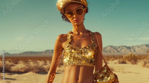 Portrait of a beautiful female model dressed in a unique dress with golden and shiny details, standing and posing in a desert environment during a sunny day