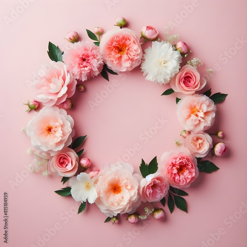 Frame made of beautiful peony flowers on pink background. Flat lay, copy space, summer flowers © ElseThen
