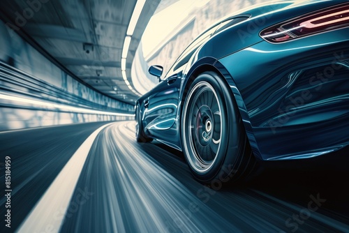 A car is driving down a road with a tunnel in the background. The car is blue and has a shiny finish