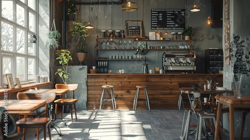 Wooden and gray coffee shop interior background,