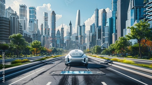 An urban landscape transformed by selfdriving cars and smart city technology, showcasing the future of urban mobility photo
