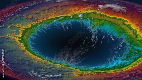 a sinkhole. It looks like a giant hole in the ground. The sinkhole is surrounded by a rainbow of colors.