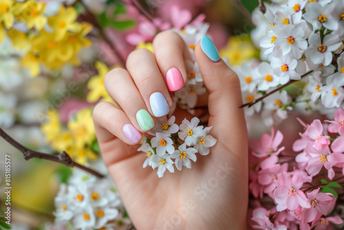 Beautiful woman s hand with pastel colored nail polish on her fingernails  holding spring flowers