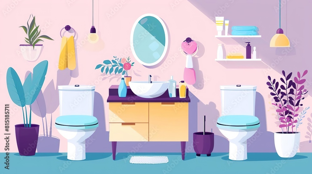 Design a modern bathroom with two toilets, a sink, and a large mirror. The color scheme should be pink and blue with white fixtures. Include plants and other decorative elements. Design a modern bathroom with two toilets, a sink, and a large mirror. The color scheme should be pink and blue with white fixtures. Include plants and other decorative elements.