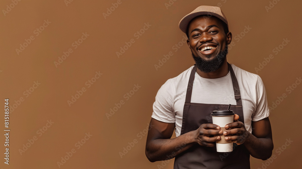 Happy african american barista holding coffee cup isolated on brown background. Happy african american barista holding coffee cup isolated on brown background.