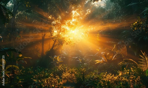 Sunrise scene with bright beams breaking through a dense forest  serene  natural setting