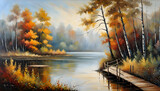 Oil painting, creative beautiful landscape; forest edge on the shore of a lake with a thin wooden bridge in the fog, Art painting, giclee for interior
