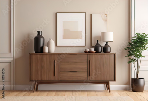 Accent modern wooden buffet with decorative items in room with empty white wall  minimalist interior design concept.
