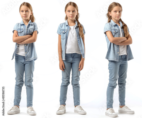 Set of young girl with natural facial beauty, aged 10, three side views, cut out