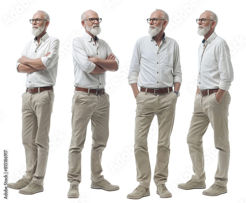 Set of elderly man with natural facial beauty, aged 60, three side views on a transparent background, cut out