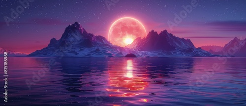 A futuristic fantasy night landscape with abstract landscape and island  moonlight  neon. A dark natural scene with light reflection in water. A neon space galaxy portal. 3D.
