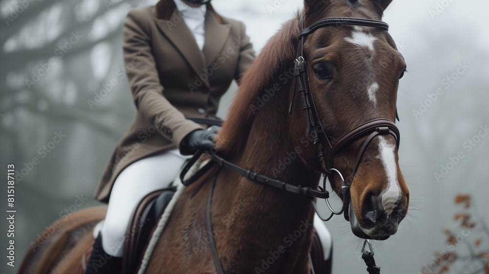 Horse in the front, a woman wearing a brown suit and black gloves riding on it, a closeup of the horse's head.