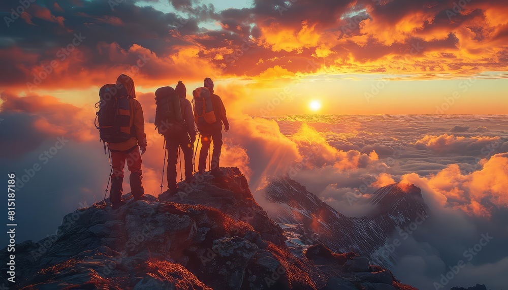 Team of adventurers on a mountain peak planning next move, sunrise, wide scenic angle