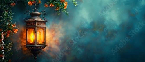 An old wall with an Oriental lantern against a dark night background. Oriental atmosphere, fabulous night and fantasy evening. A flashlight comes out of a broken window.