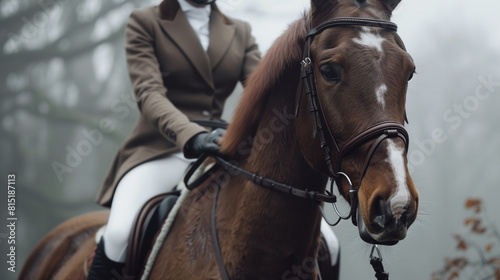 Horse in the front, a woman wearing a brown suit and black gloves riding on it, a closeup of the horse's head. © Владлена Демидова