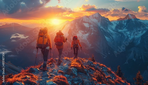 Team of adventurers on a mountain peak planning next move, sunrise, wide scenic angle