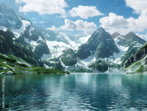 Vista paisaje montañoso a orillas de rio lago alta montaña nieve photo