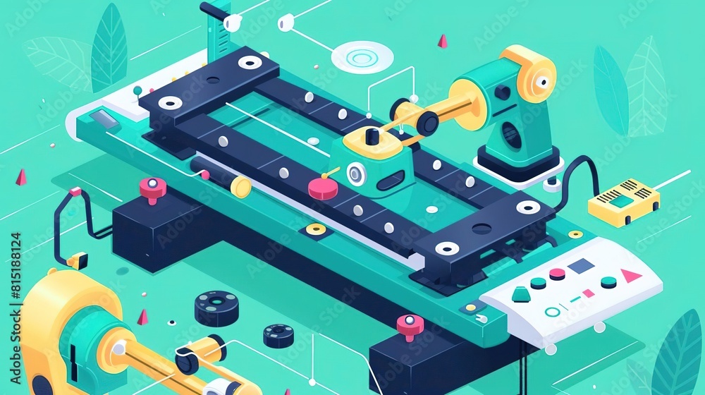 Obraz premium isometric illustration of a factory production line with robotic arms assembling electronic devices.