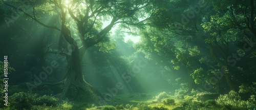 Dark fairy tale forest, neon sunset, rays of light through the trees. Fantasy forest landscape. Unreal world, moss. 3D illustration.