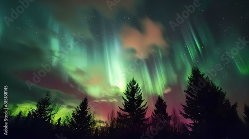 Amazing colorful sky with green  pink and violet colors over dark trees