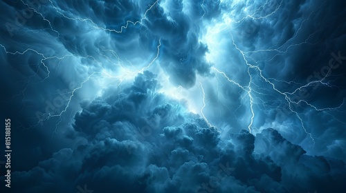 Blue and white thunder clouds with bright lightning.