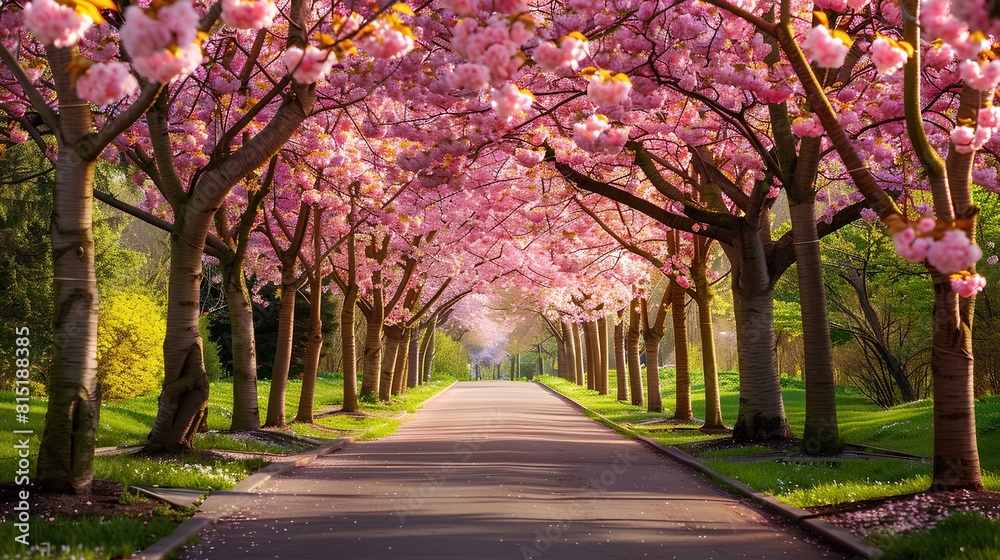 The photo shows a beautiful park with a long path lined with cherry trees in full bloom. The photo shows a beautiful park with a long path lined with cherry trees in full bloom.