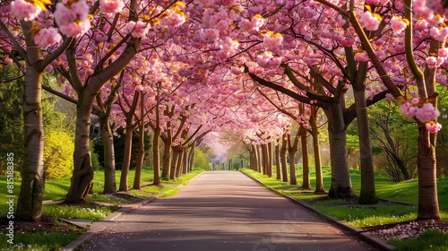 The photo shows a beautiful park with a long path lined with cherry trees in full bloom.