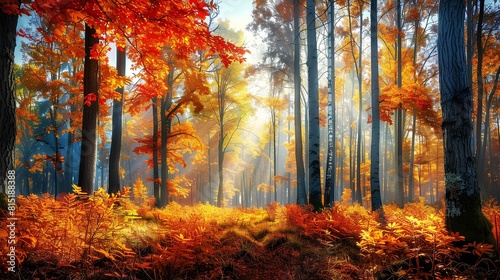 The photo shows a beautiful forest in the fall
