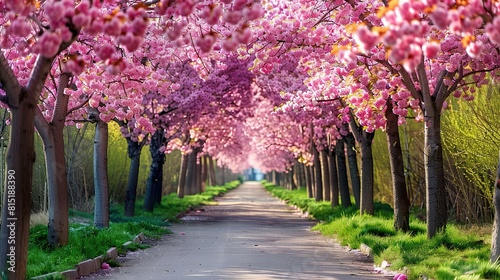 The photo shows a beautiful park with cherry blossom trees in full bloom © SprintZz