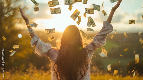 Woman Celebrating with Money Falling Around Her at Sunset