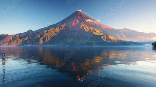 Volcanic mountain in morning light reflected
