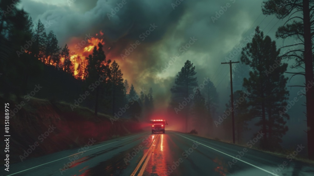 A fire truck advances towards a raging wildfire consuming trees along a wet roadway as dusk falls. A fire truck advances towards a raging wildfire consuming trees along a wet roadway as dusk falls.