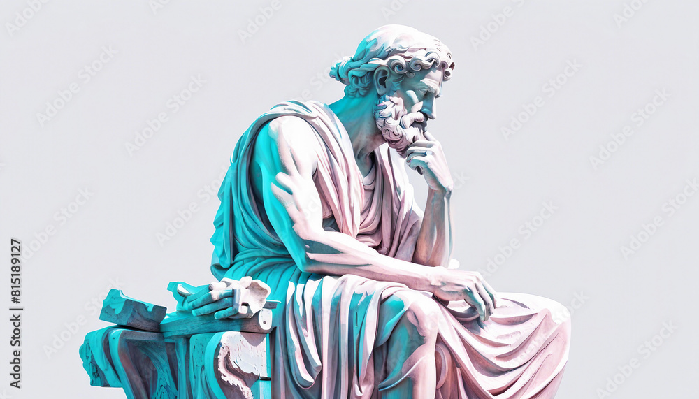 Obraz premium statue of a Greek philosopher in contemplation, isolated white background, neon punk style 