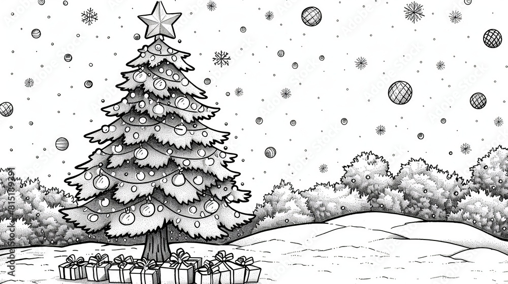 This black and white coloring page features a whimsical Christmas tree adorned with unique decorations like candy canes and bows. Space is provided for children to This black and white coloring page features a whimsical Christmas tree adorned with unique decorations like candy canes and bows. Space is provided for children to