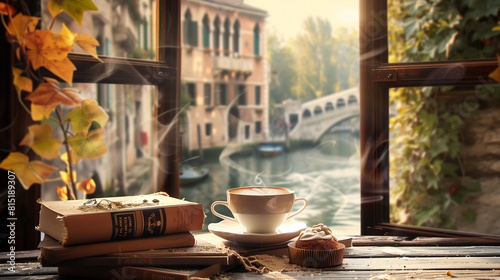 Steaming cup of coffee, surrounded by vintage books and delicate pastries on an old wooden table, overlooking the serene canals in Venice