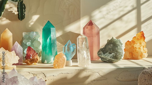 Collection of colorful crystals and gemstones arranged on an elegant shelf, illuminated by soft sunlight filtering through window panes