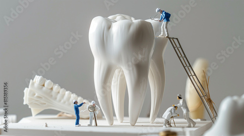 A white tooth model with miniature figures of dental professionals cleaning the teeth, dental clinic concept