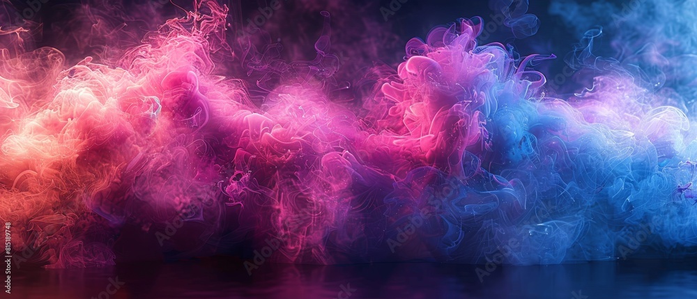 A black background with thick smoke and blue and purple neon colors. AI