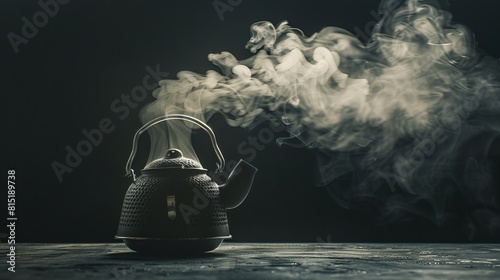 On a black background, a vintage-style photo captures a boiling kettle emitting steam, its whistle piercing the air. photo