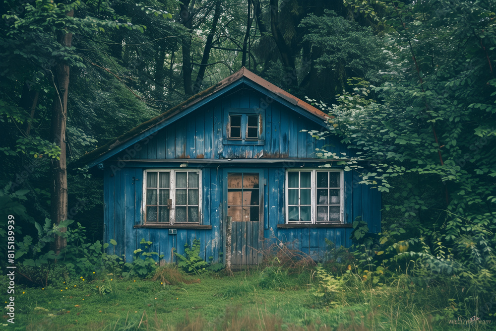 A blue house set against a backdrop of blue sky and lush green grass, creating a picturesque scene