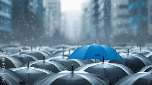 Amidst a cityscape backdrop, a blue umbrella stands out atop a cluster of gray umbrellas, symbolizing the concepts of business and safety. photo