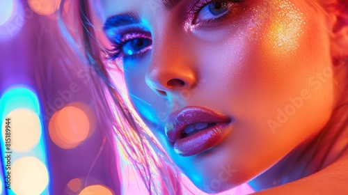 Closeup of a stylish young woman with sparkling makeup  illuminated by vibrant neon lighting